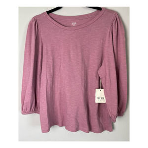 a.n.a. Puffy Sleeve Round Neck Cotton Top Mauve Size M